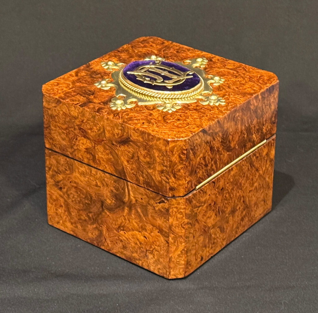 Rear right view of a Miniature Antique Jewellery Box in Burr Walnut.