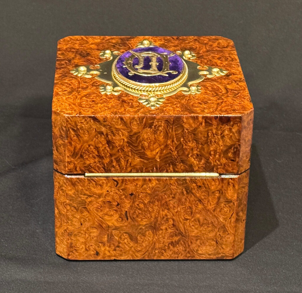 Rear view of a Miniature Antique Jewellery Box in Burr Walnut.