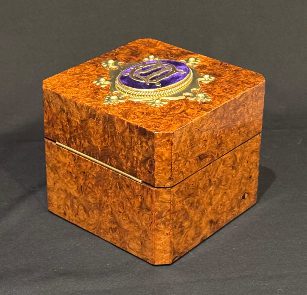Rear left view of a Miniature Antique Jewellery Box in Burr Walnut.