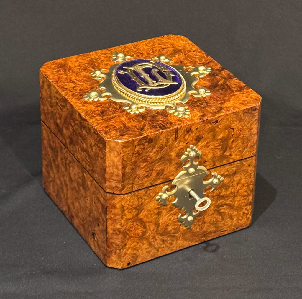 Front left view of a Miniature Antique Jewellery Box in Burr Walnut.