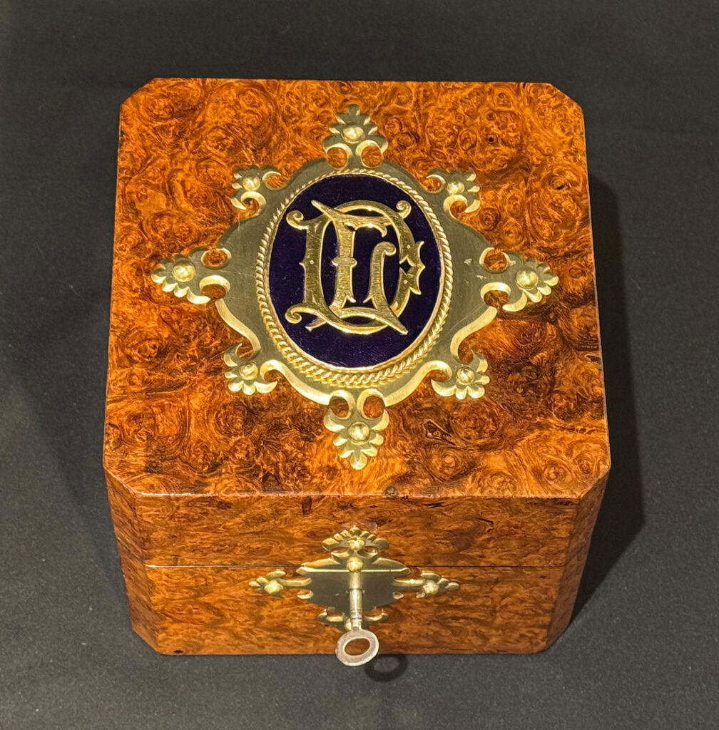 Top view of a Miniature Antique Jewellery Box in Burr Walnut.