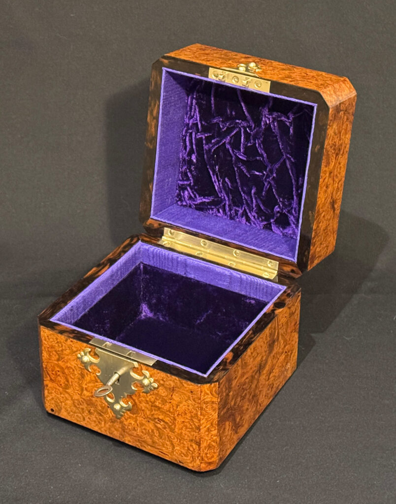 Front right internal view of a Miniature Antique Jewellery Box in Burr Walnut.