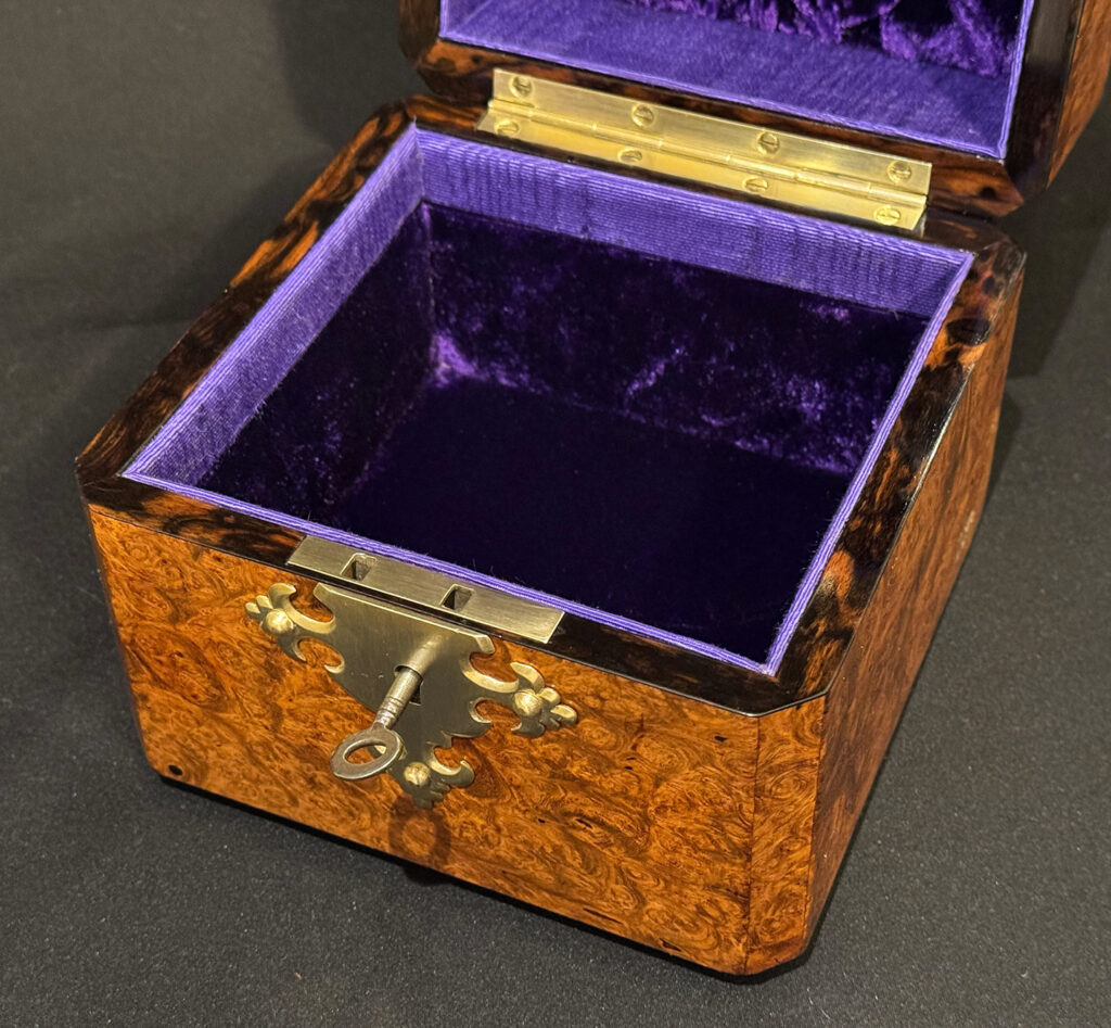 Overhead internal view of a Miniature Antique Jewellery Box in Burr Walnut.