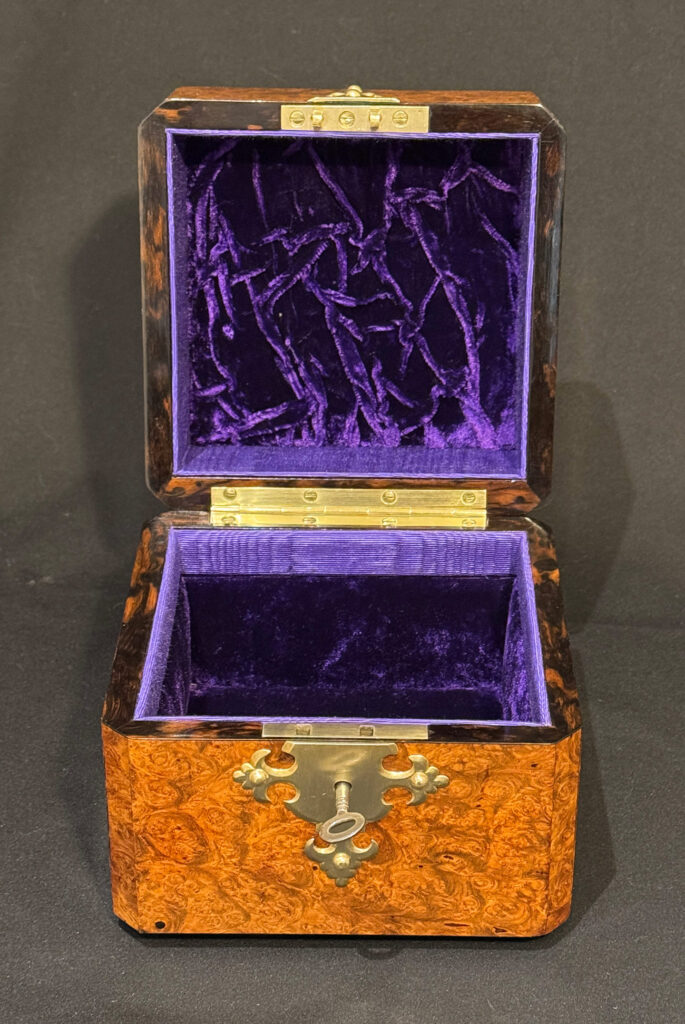 Front internal view of a Miniature Antique Jewellery Box in Burr Walnut.
