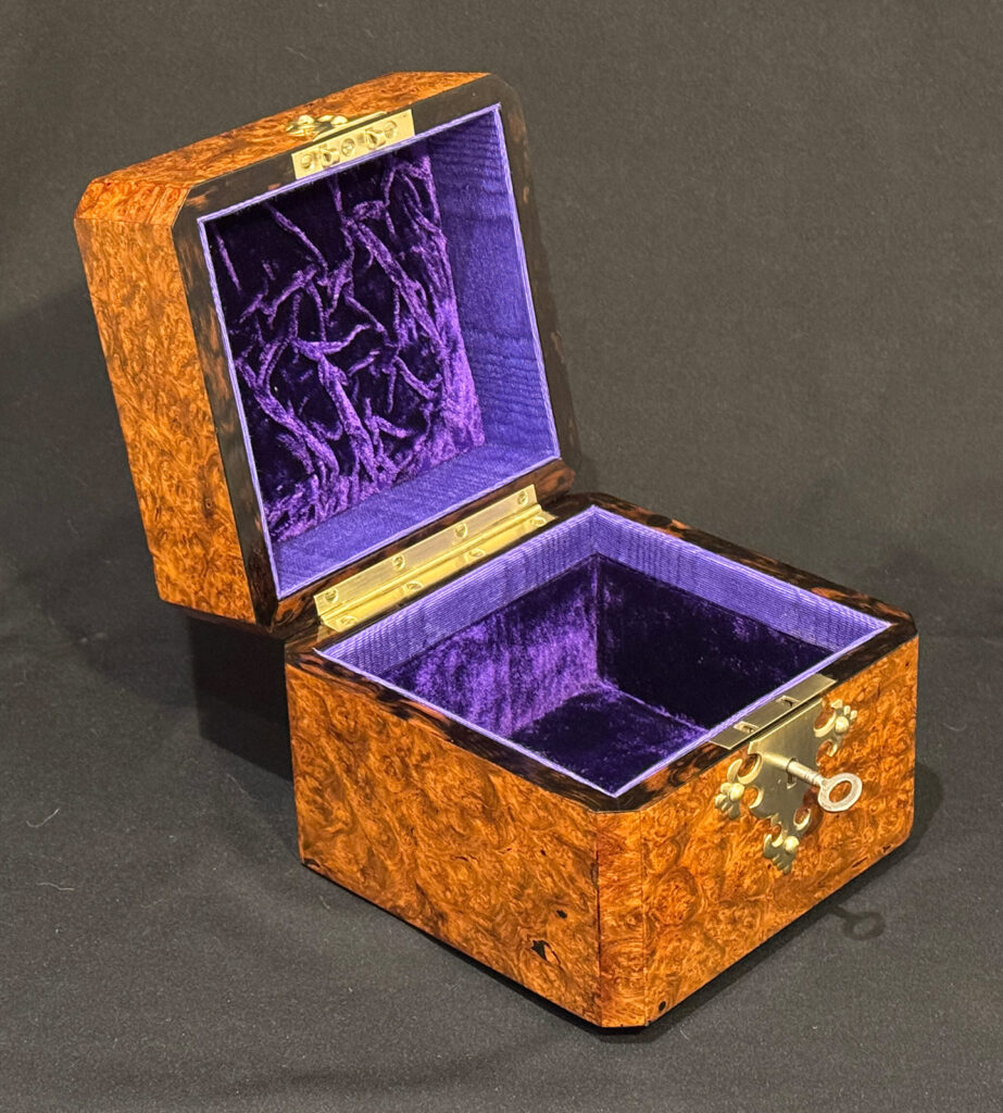 Front left internal view of a Miniature Antique Jewellery Box in Burr Walnut.