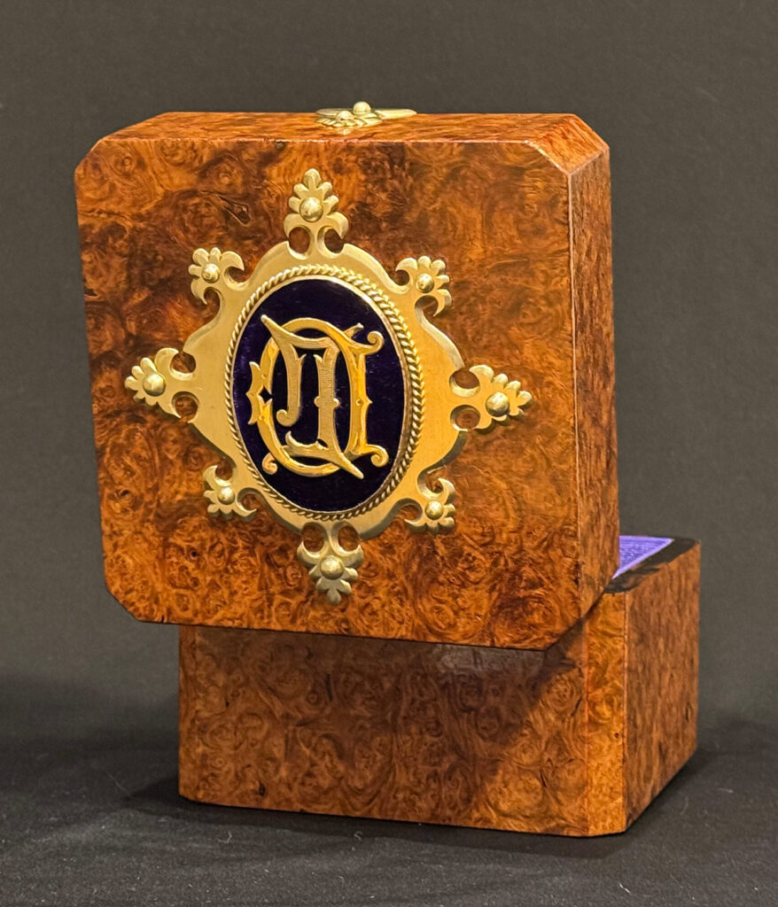 Rear open view of a Miniature Antique Jewellery Box in Burr Walnut.