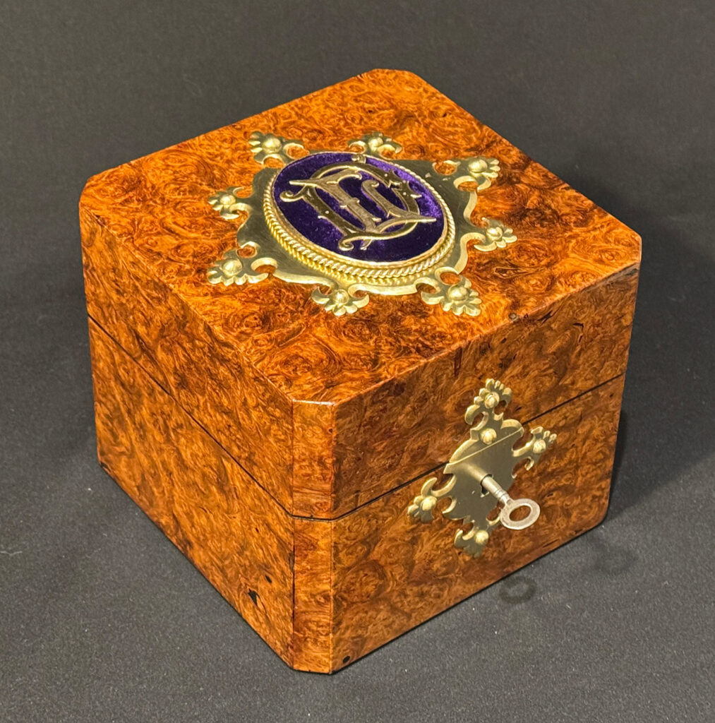 Overhead left view of a Miniature Antique Jewellery Box in Burr Walnut.