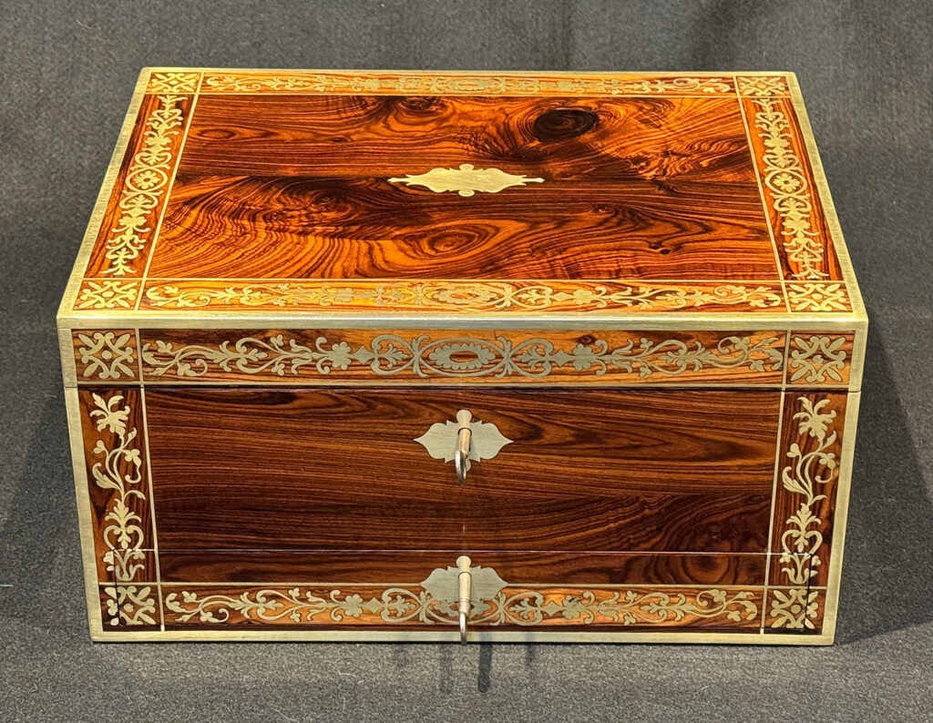 Front view of a Rare Original Antique Jewellery Box in Kingwood with Foliate Brass Inlay.