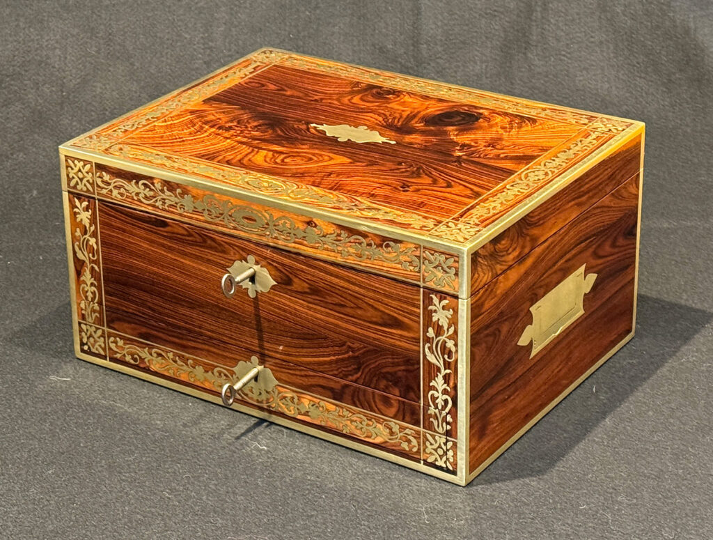 Front right view of a Rare Original Antique Jewellery Box in Kingwood with Foliate Brass Inlay.