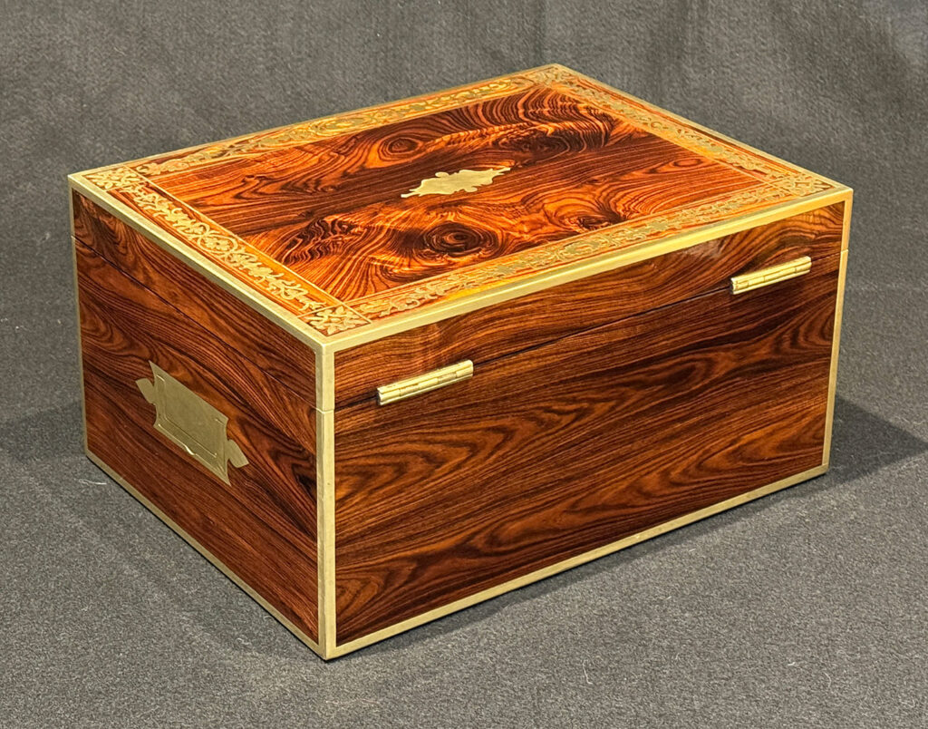 Rear right view of a Rare Original Antique Jewellery Box in Kingwood with Foliate Brass Inlay.