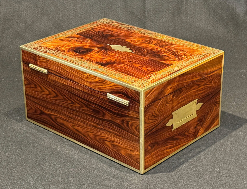 Rear left view of a Rare Original Antique Jewellery Box in Kingwood with Foliate Brass Inlay.