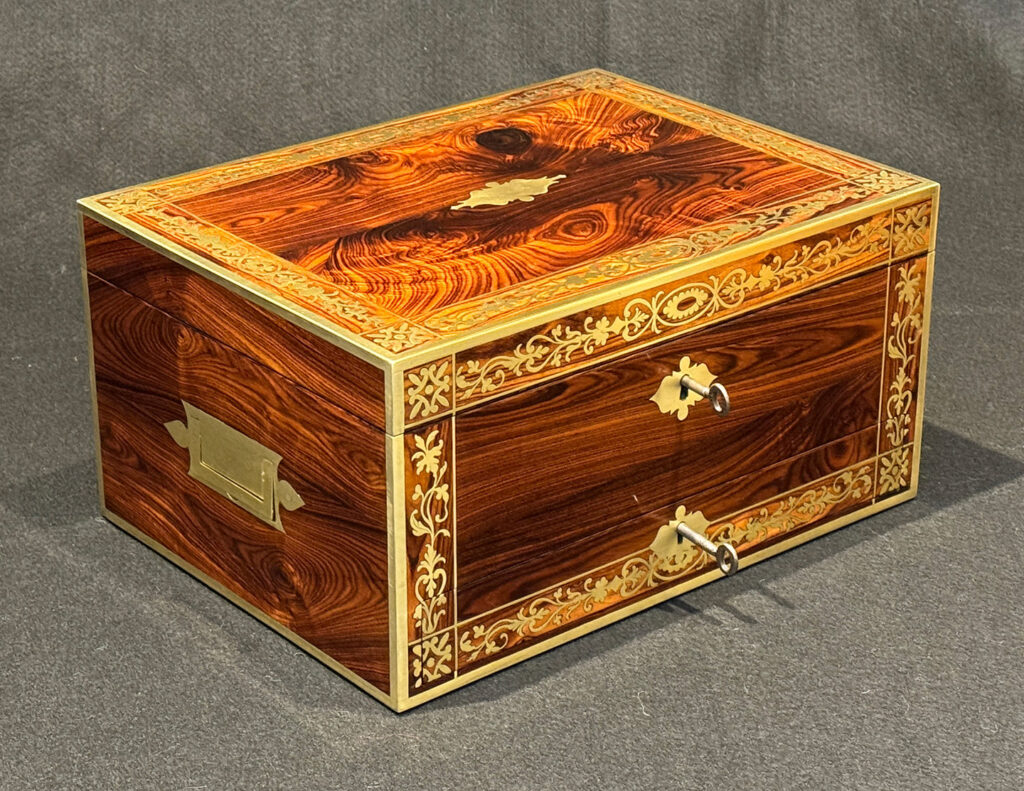 Front left view of a Rare Original Antique Jewellery Box in Kingwood with Foliate Brass Inlay.