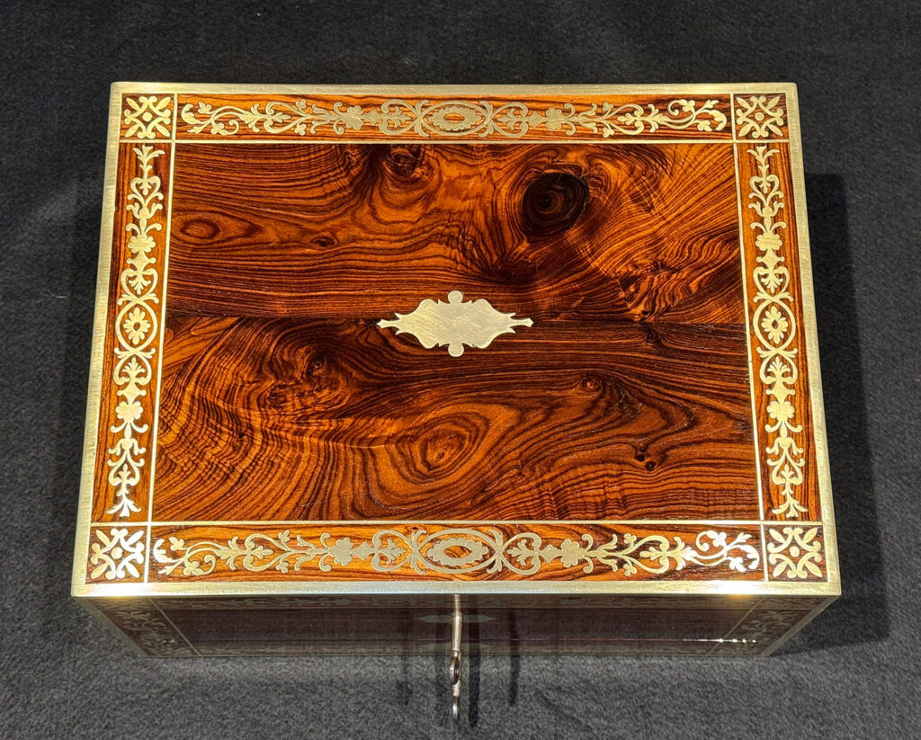 Top view of a Rare Original Antique Jewellery Box in Kingwood with Foliate Brass Inlay.
