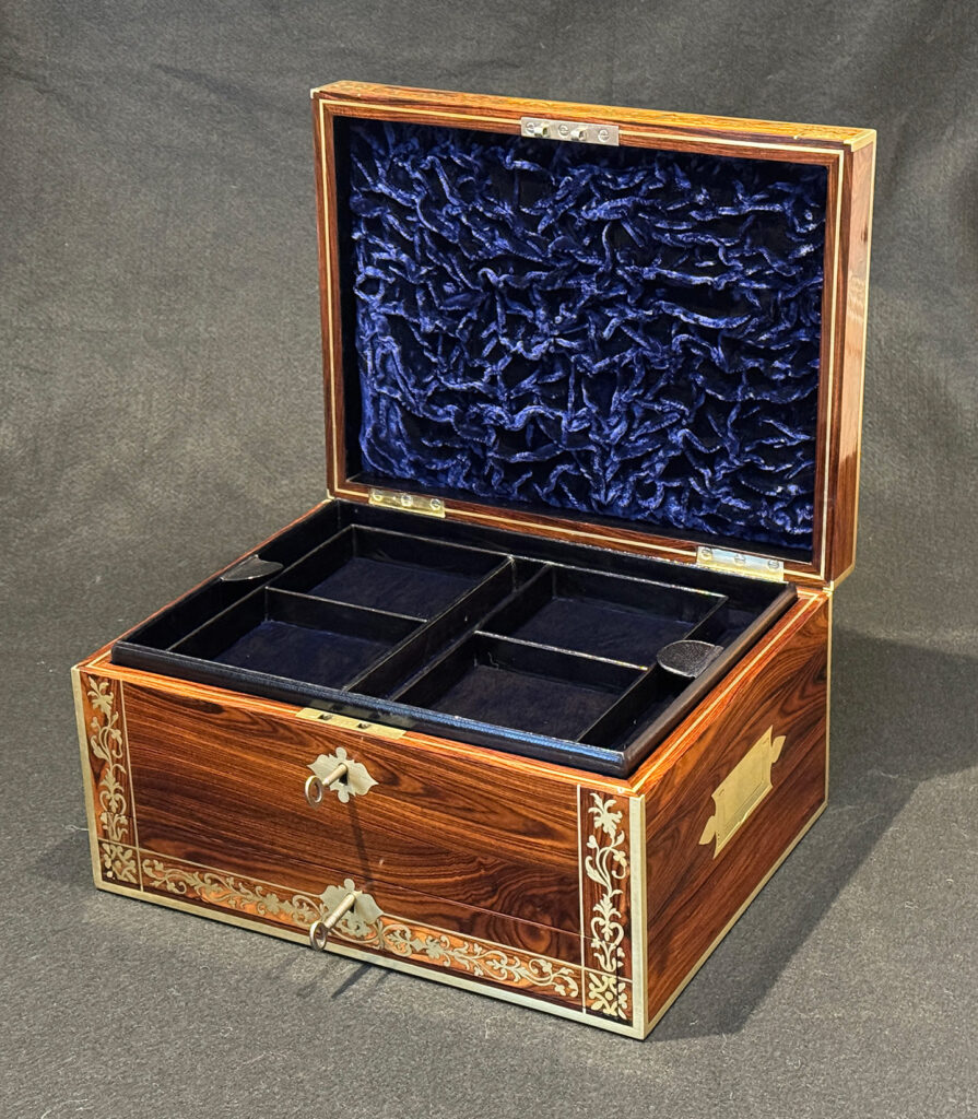 Front right internal view of a Rare Original Antique Jewellery Box in Kingwood with Foliate Brass Inlay.