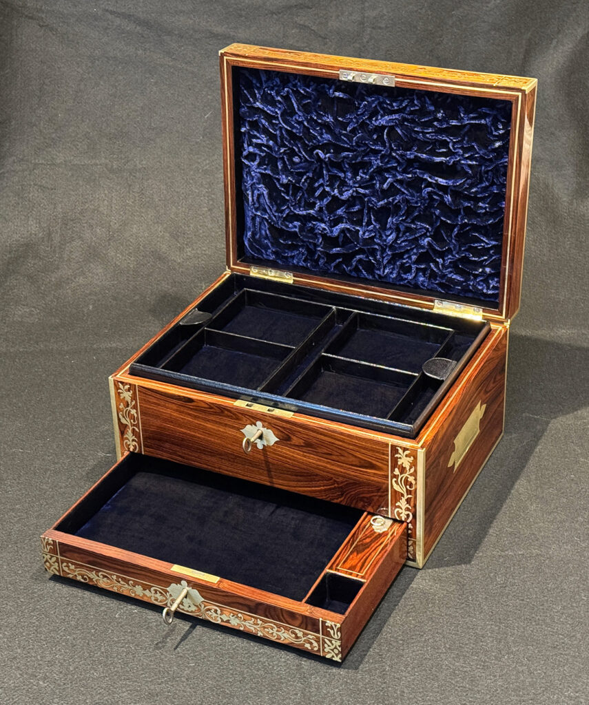Front right internal view of a Rare Original Antique Jewellery Box in Kingwood with Foliate Brass Inlay with lower drawer open.