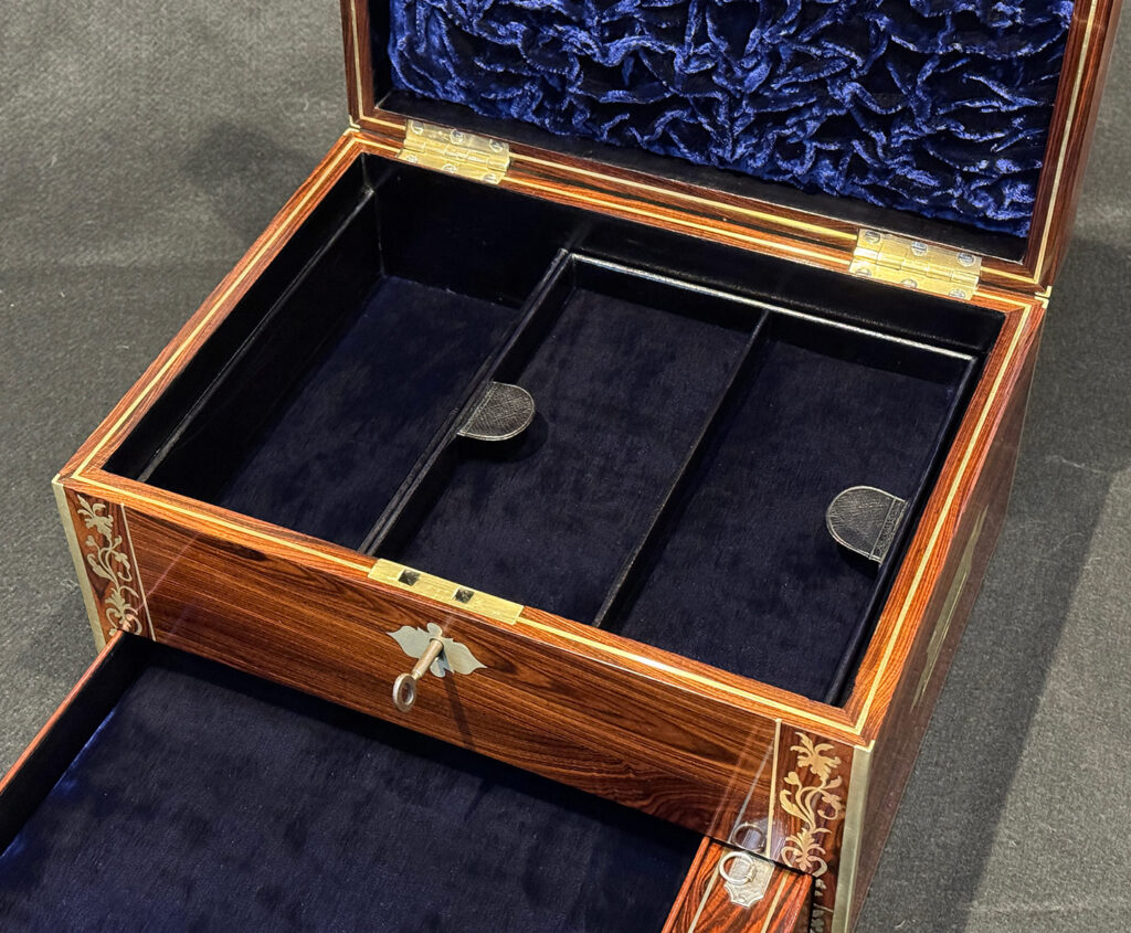 Closer internal view of the lower tray from a Rare Original Antique Jewellery Box in Kingwood with Foliate Brass Inlay.