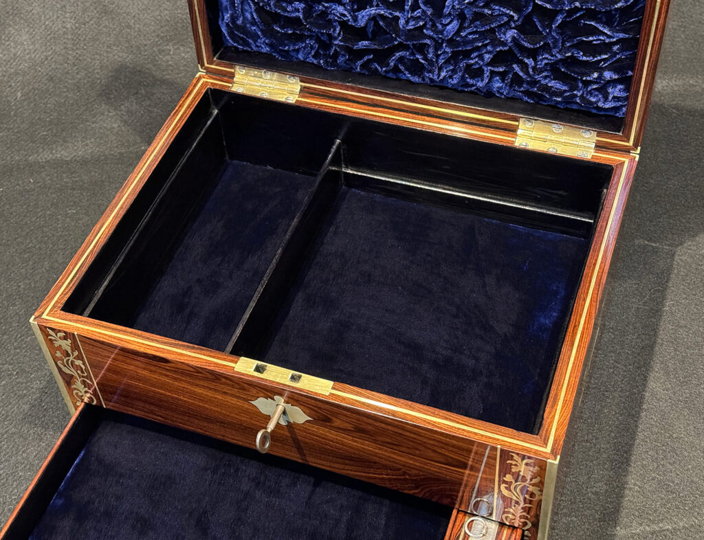 Closer internal view of the base section from a Rare Original Antique Jewellery Box in Kingwood with Foliate Brass Inlay.