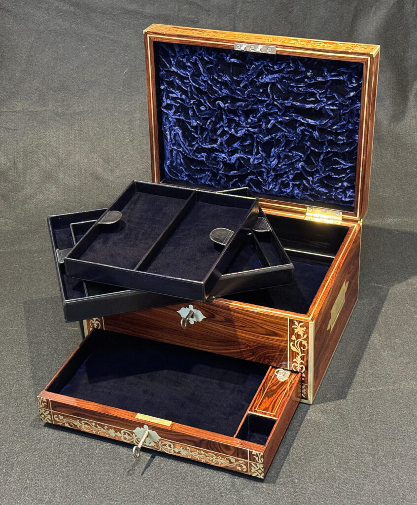 Front right internal view of a Rare Original Antique Jewellery Box in Kingwood with Foliate Brass Inlay with trays removed.
