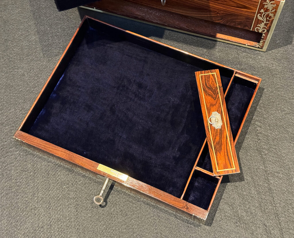 Close up internal view of lower drawer from a Rare Original Antique Jewellery Box in Kingwood with Foliate Brass Inlay.