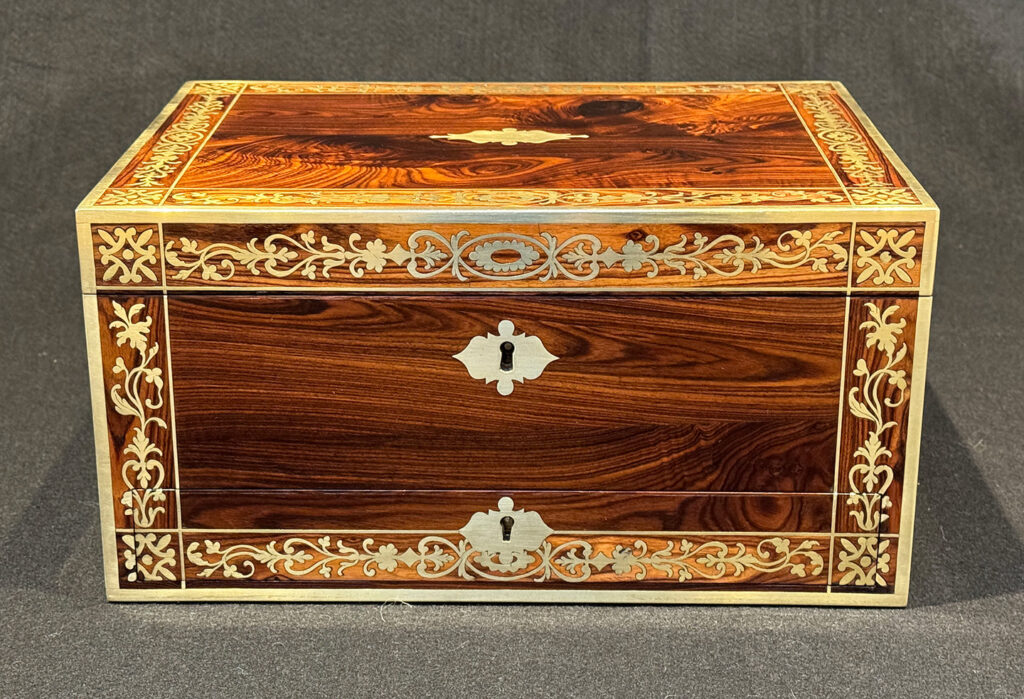 Front view of a Rare Original Antique Jewellery Box in Kingwood with Foliate Brass Inlay.