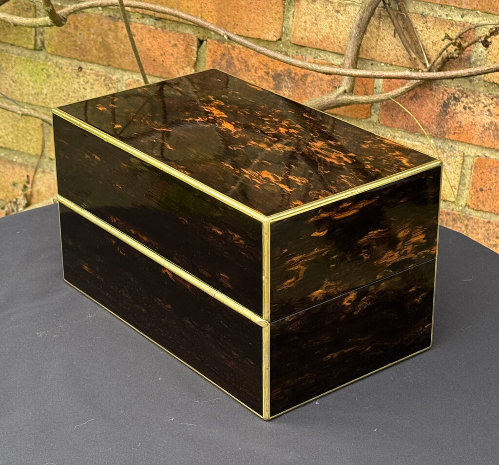 Rear left view of an Antique 180-Degree Opening Travelling Jewellery Box in Coromandel.