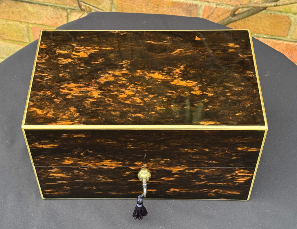 Top view of an Antique 180-Degree Opening Travelling Jewellery Box in Coromandel.