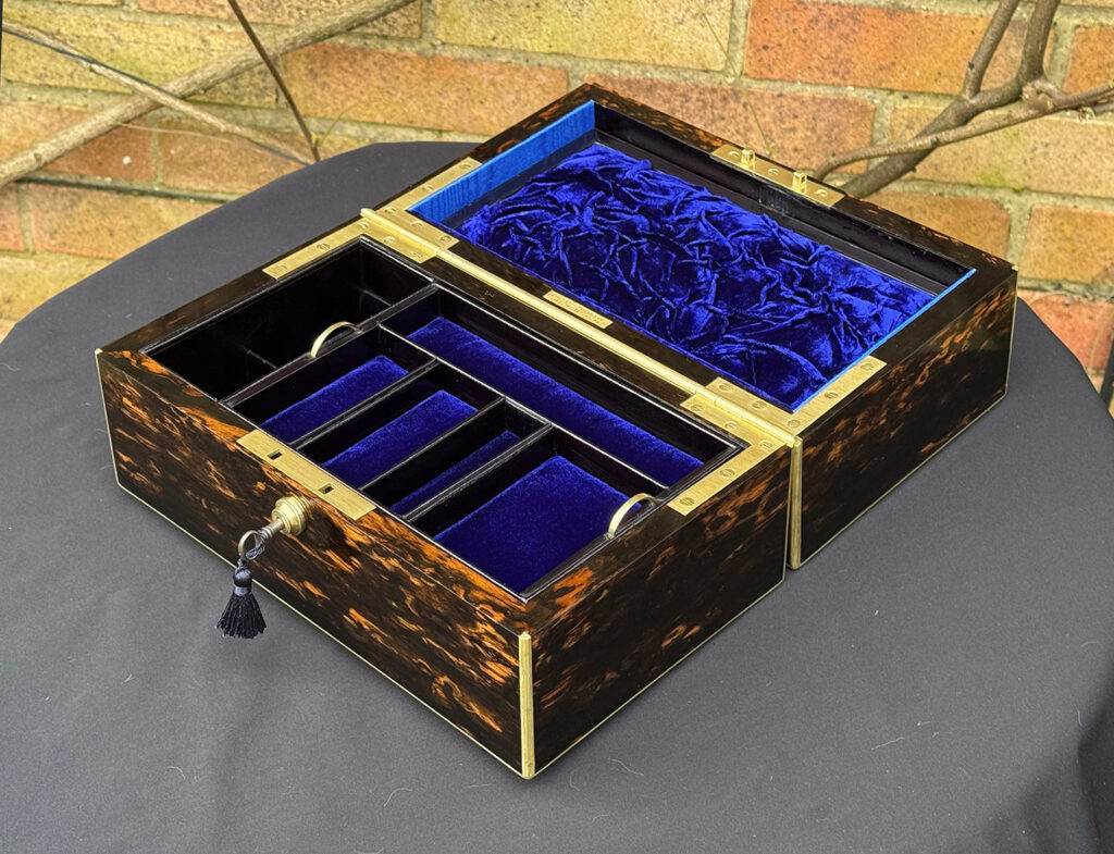 Front right internal view of an Antique 180-Degree Opening Travelling Jewellery Box in Coromandel.