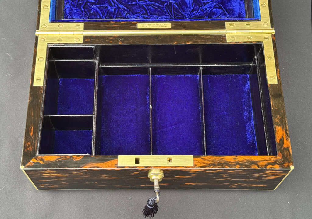 Top internal view of an Antique 180-Degree Opening Travelling Jewellery Box in Coromandel.