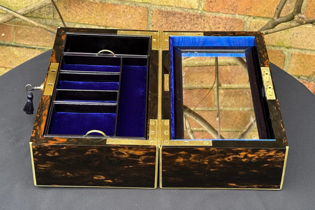 Right side internal view of an Antique 180-Degree Opening Travelling Jewellery Box in Coromandel.