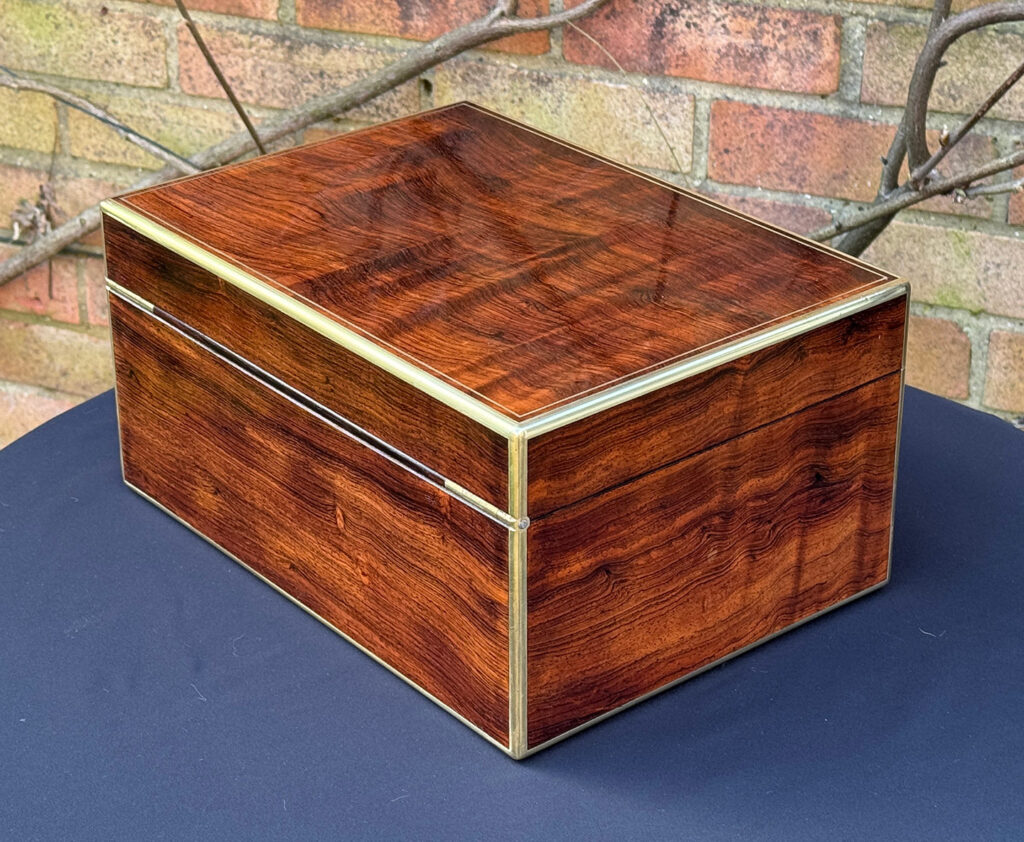 Rear left view of an Antique Jewellery Box in Rosewood, by Edwards.