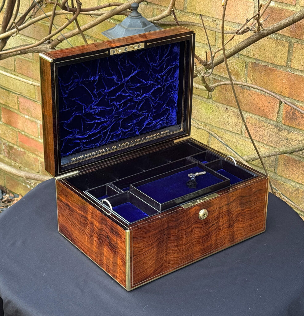 Front left internal view of an Antique Jewellery Box in Rosewood, by Edwards.