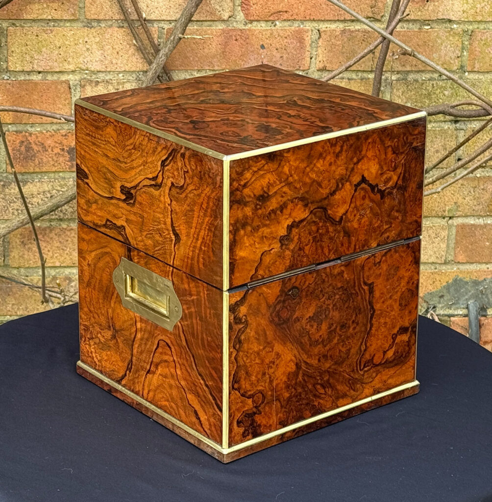Rear right view of an Antique Jewellery Box in Figured Walnut, by George Betjemann and Sons.