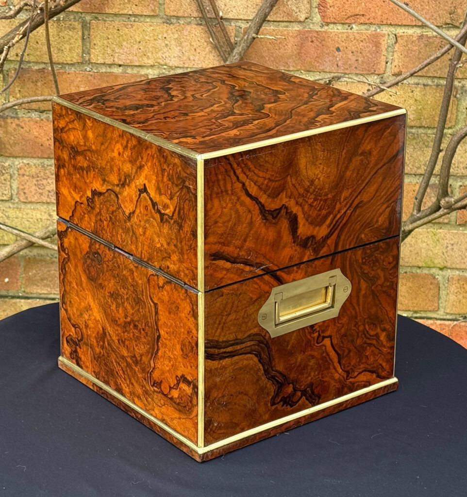 Rear left view of an Antique Jewellery Box in Figured Walnut, by George Betjemann and Sons.