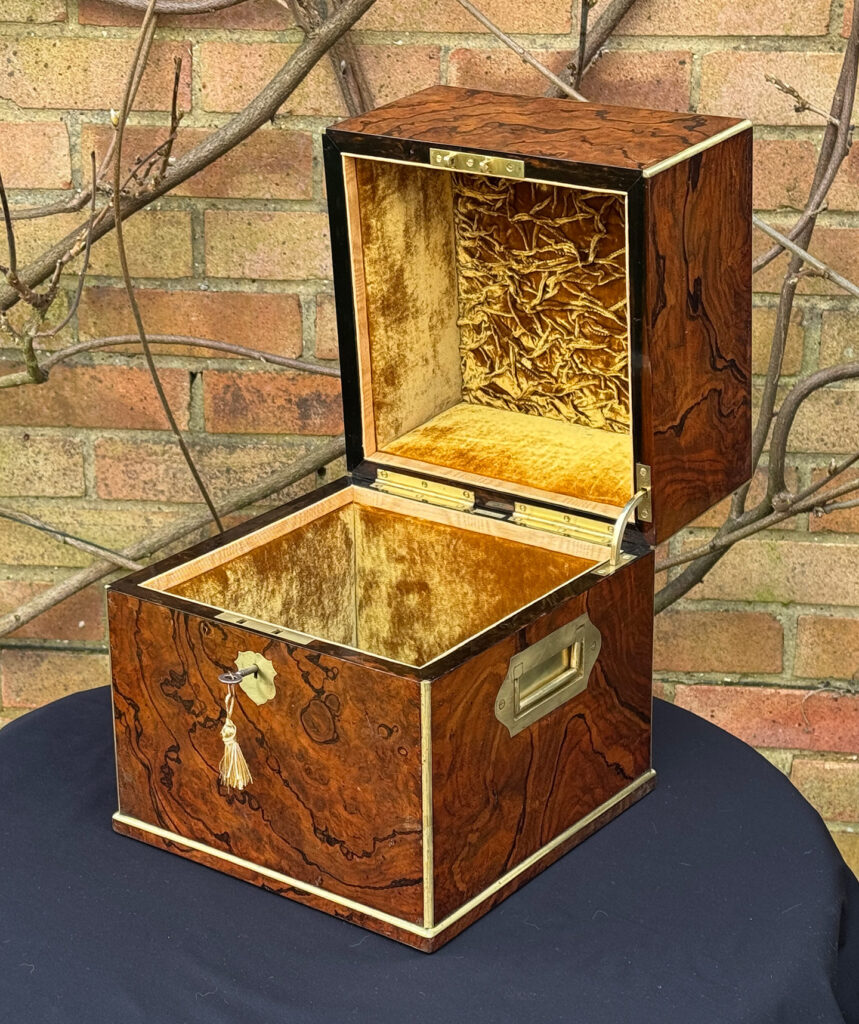 Front right internal view of an Antique Jewellery Box in Figured Walnut, by George Betjemann and Sons.