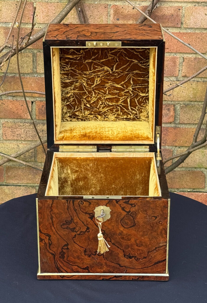 Front internal view of an Antique Jewellery Box in Figured Walnut, by George Betjemann and Sons.