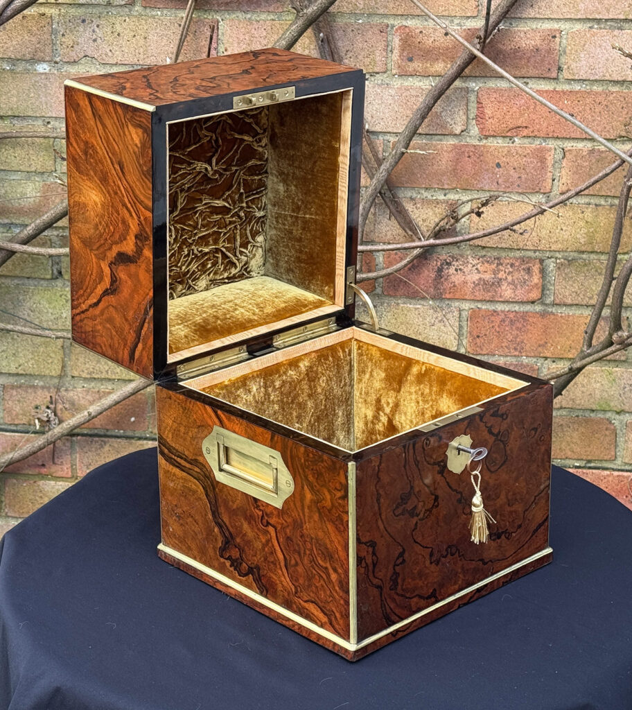 Front left internal view of an Antique Jewellery Box in Figured Walnut, by George Betjemann and Sons.