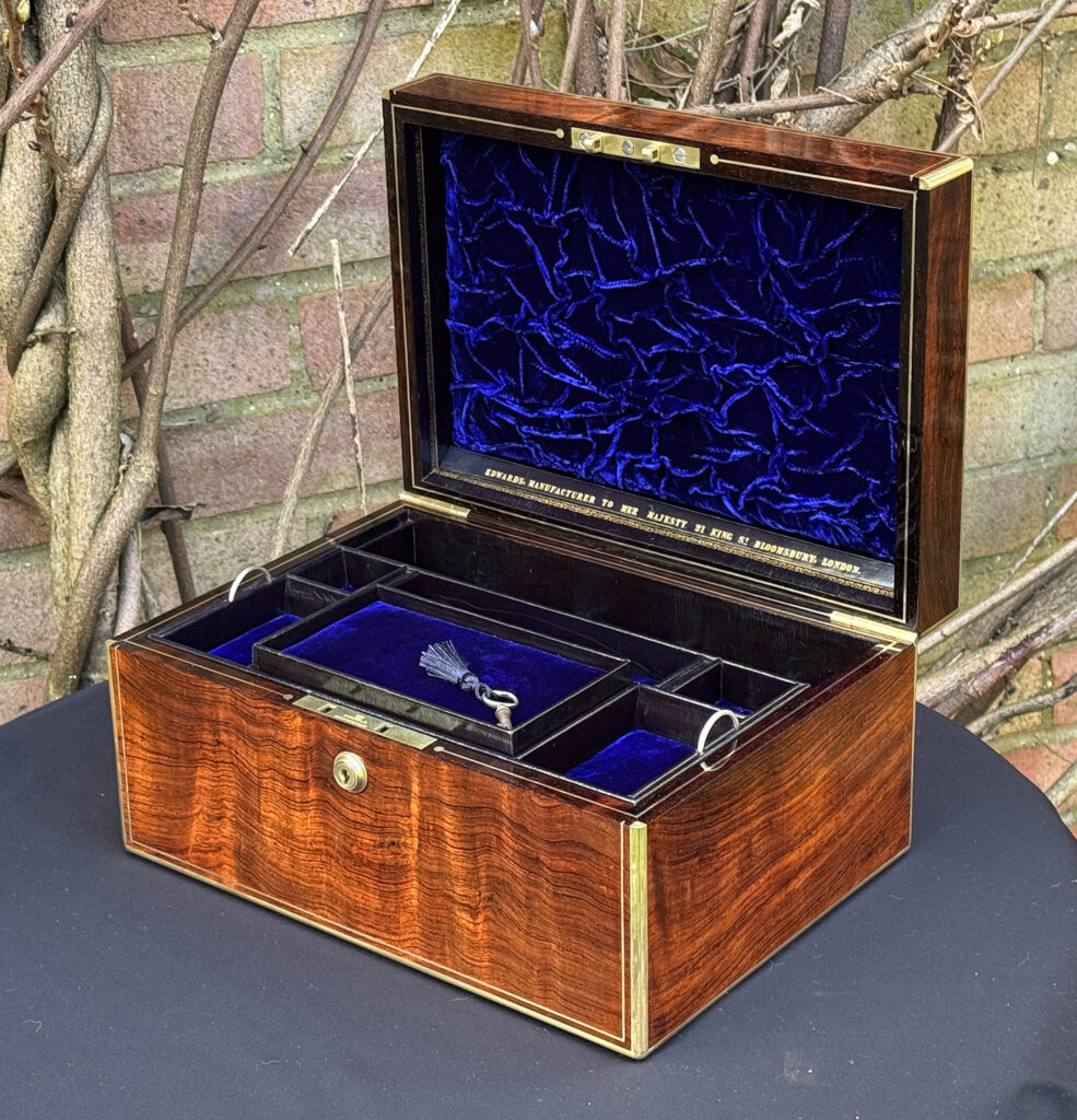 Front right internal view of an Antique Jewellery Box in Rosewood, by Edwards.