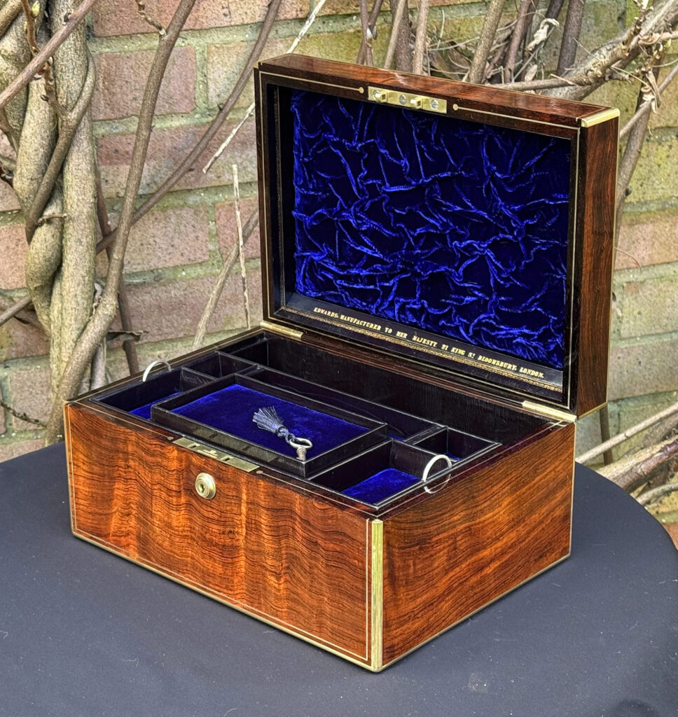 Front right internal view of an Antique Jewellery Box in Rosewood, by Edwards.