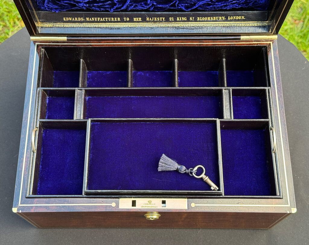 Top internal view of an Antique Jewellery Box in Rosewood, by Edwards.
