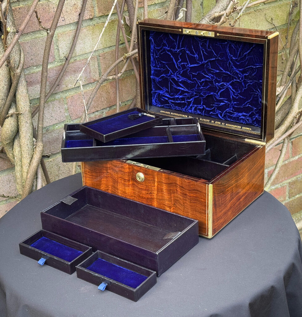 Front right internal view of an Antique Jewellery Box in Rosewood, by Edwards with trays removed.