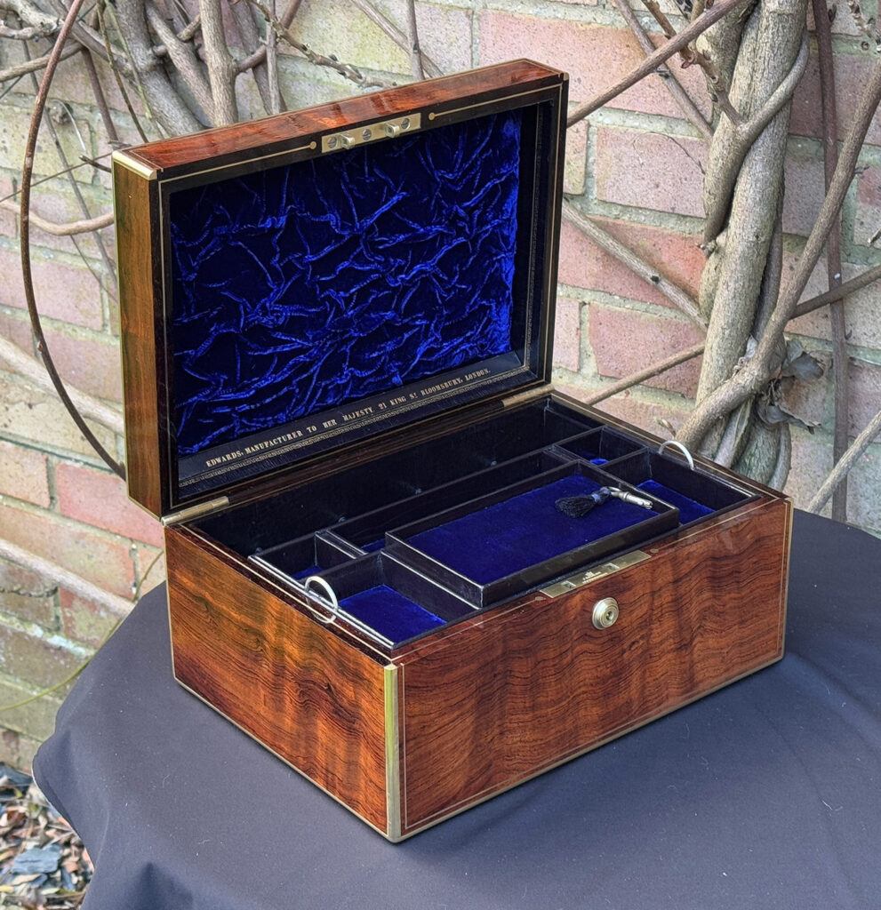 Front left internal view of an Antique Jewellery Box in Rosewood, by Edwards.