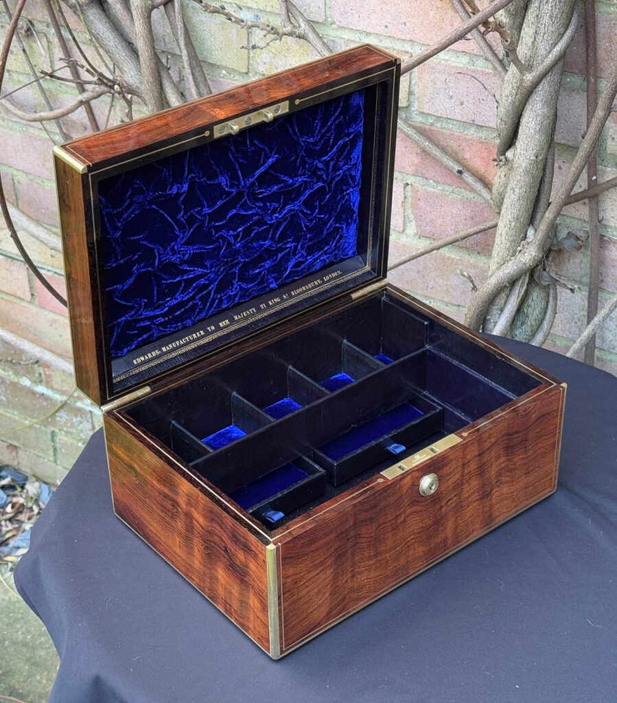 Front left internal view of an Antique Jewellery Box in Rosewood, by Edwards.