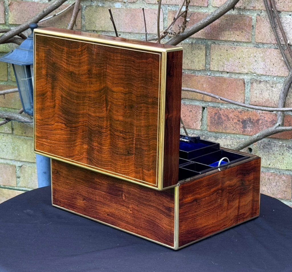 Rear open view of an Antique Jewellery Box in Rosewood, by Edwards.