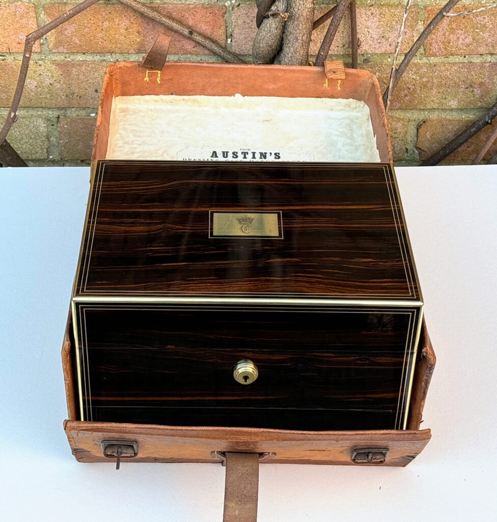 Overhead view of an Antique Jewellery Box in Calamander, by Austin of Dublin.