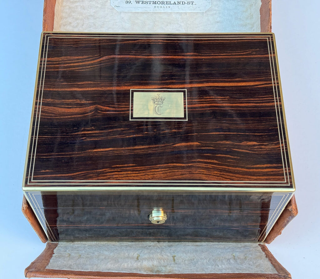 Top view of an Antique Jewellery Box in Calamander, by Austin of Dublin.