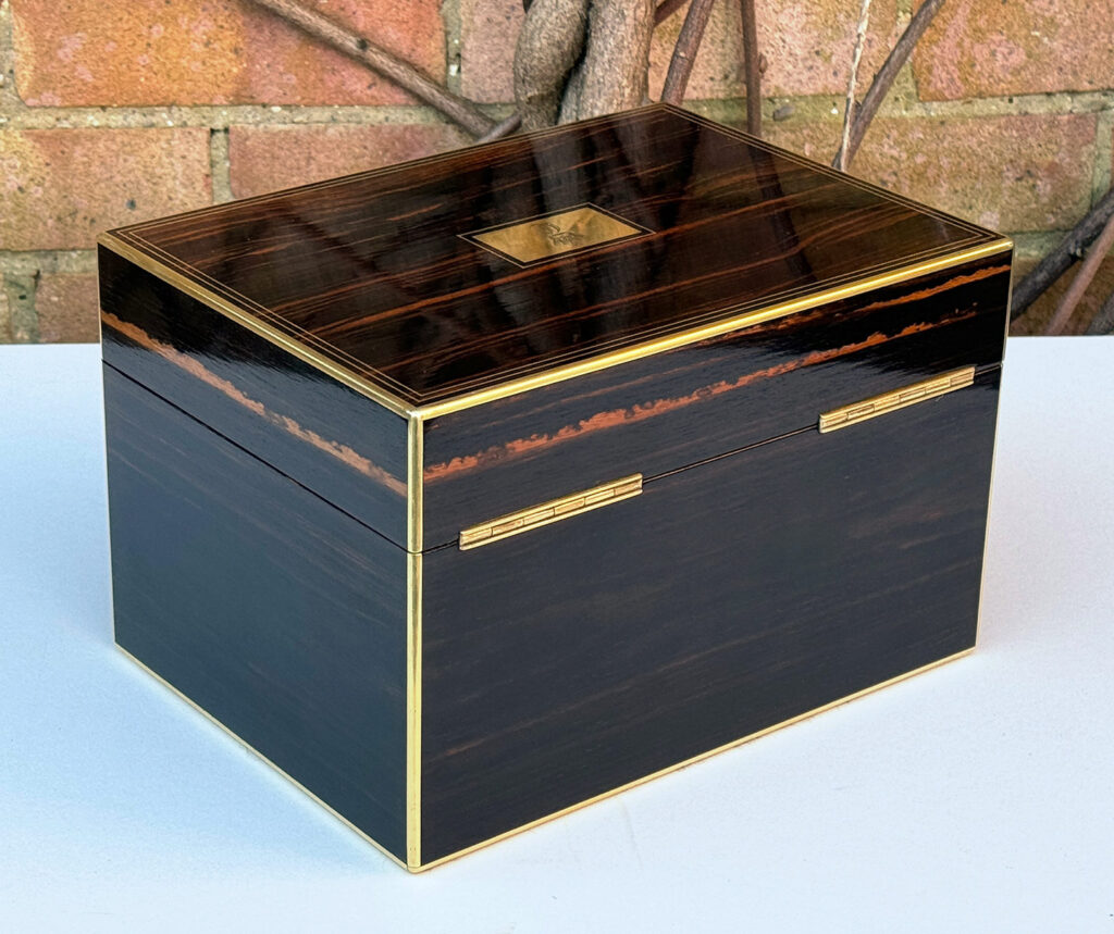 Rear right view of an Antique Jewellery Box in Calamander, by Austin of Dublin.