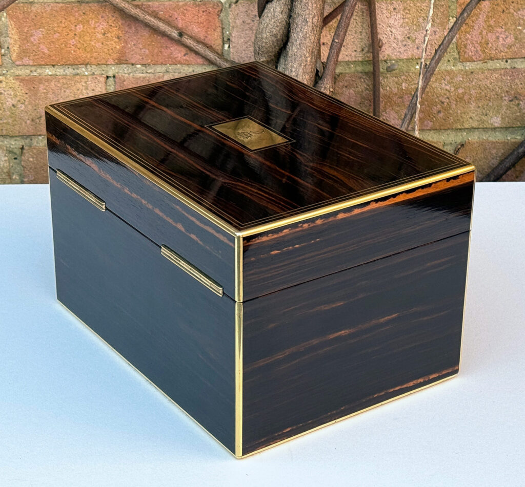 Rear left view of an Antique Jewellery Box in Calamander, by Austin of Dublin.