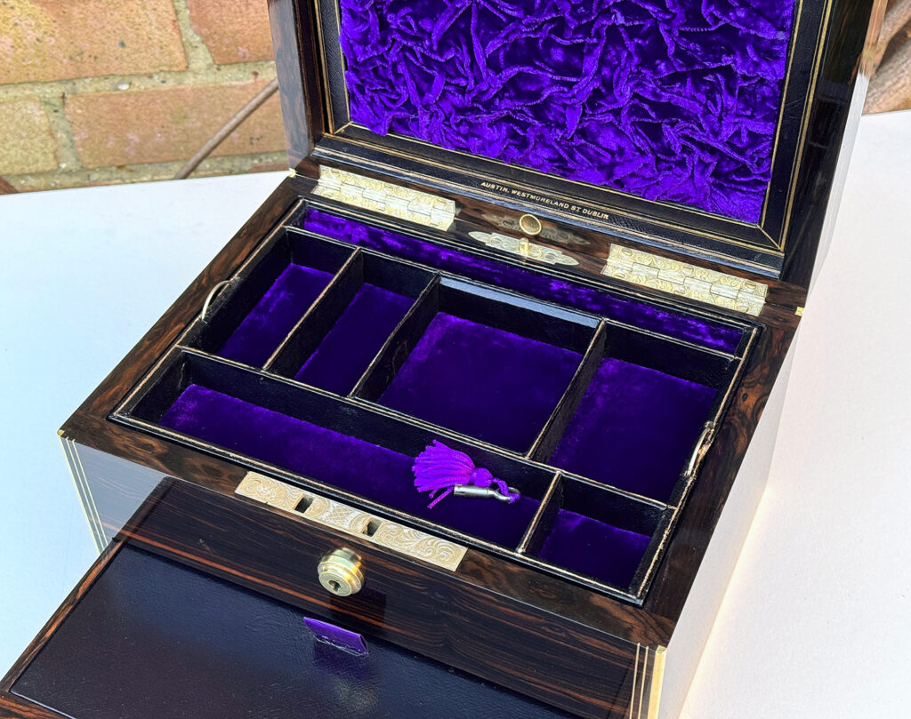 Closer internal view of an Antique Jewellery Box in Calamander, by Austin of Dublin.