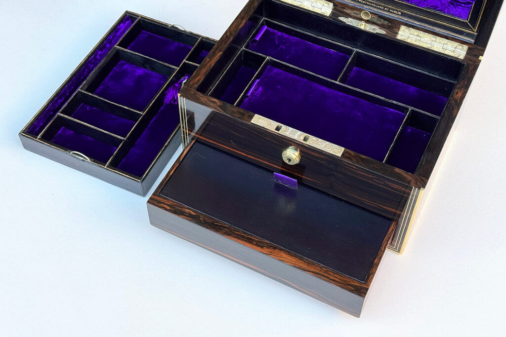 Closer internal view of an Antique Jewellery Box in Calamander, by Austin of Dublin with tray removed.