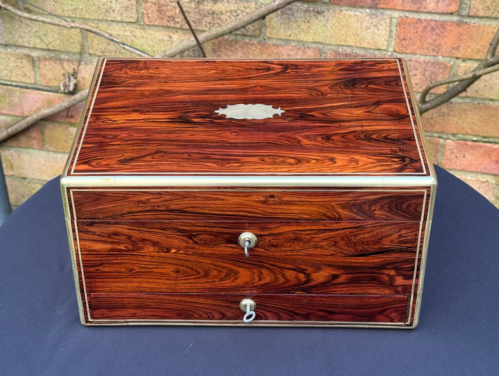 Front overhead view of an Antique Jewellery Box in Kingwood, by Green of Oxford Street.
